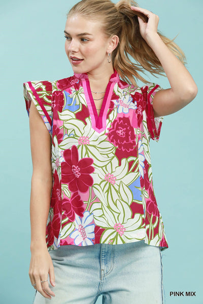 Umgee Bold Floral Flutter Sleeve Top in Pink Mix