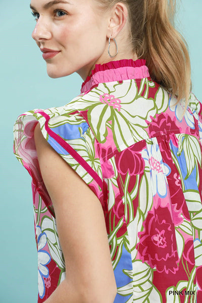 Umgee Bold Floral Flutter Sleeve Top in Pink Mix