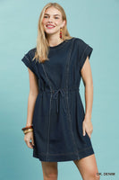 Umgee Drawstring Waist Frayed Denim Mini Dress