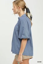 UMGEE Chambray Scallop Hem Puff Sleeve Top