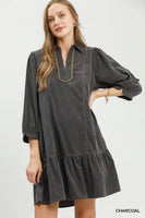 Umgee Corduroy Contrast Trim Tiered Babydoll Dress in Charcoal