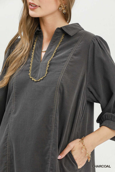 Umgee Corduroy Contrast Trim Tiered Babydoll Dress in Charcoal
