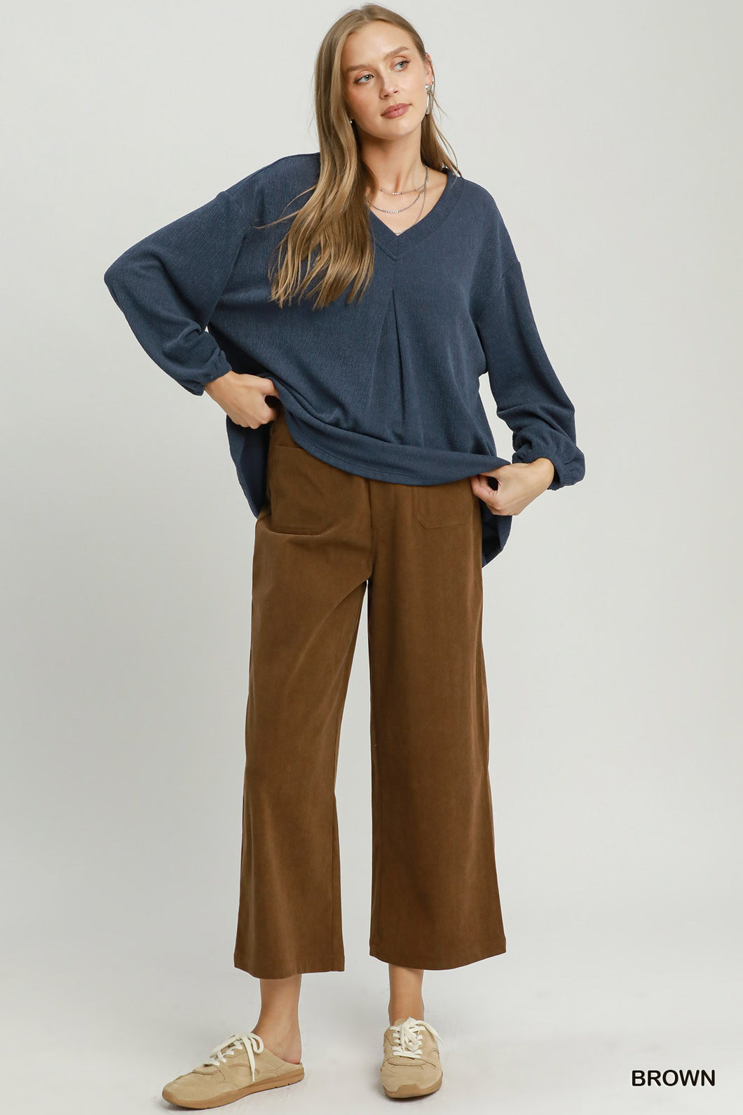 Umgee Corduroy Wide Leg Pants in Brown