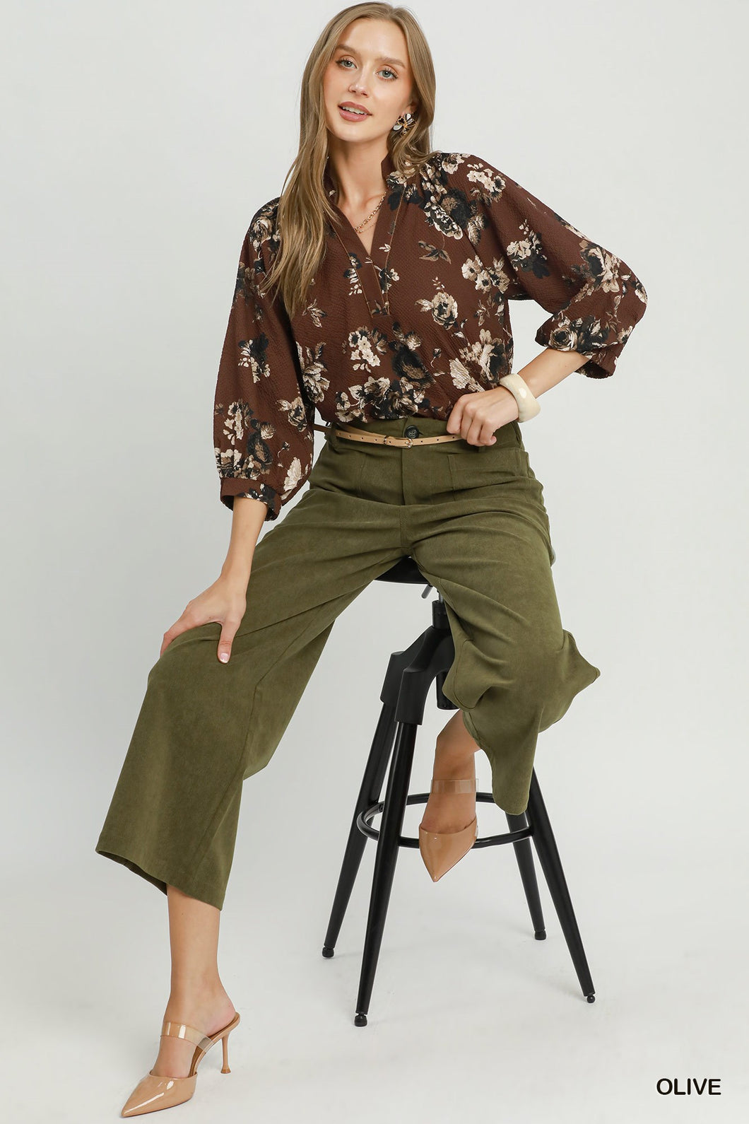 Umgee Corduroy Wide Leg Pants in Olive