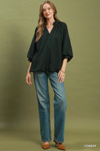 Umgee Balloon Sleeve Split Neck Blouse in Forest