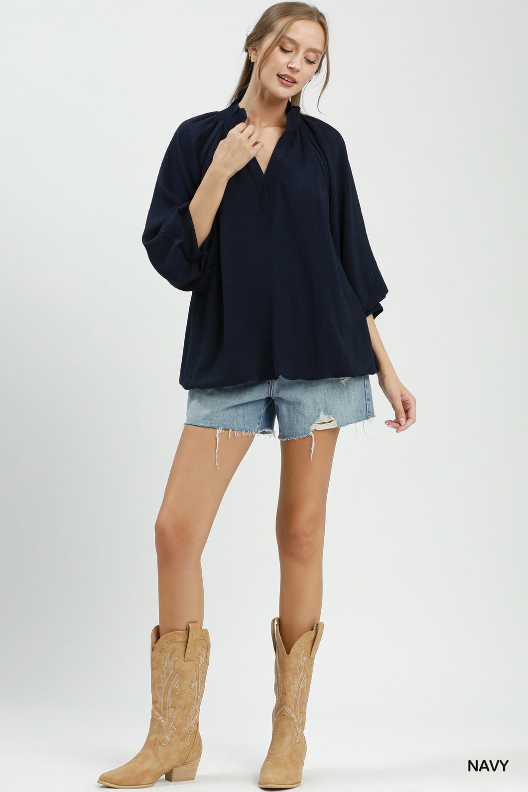 Umgee Balloon Sleeve Split Neck Blouse in Navy