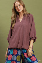 Umgee Balloon Sleeve Split Neck Blouse in Plum