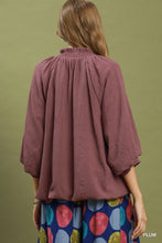 Umgee Balloon Sleeve Split Neck Blouse in Plum