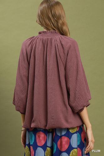 Umgee Balloon Sleeve Split Neck Blouse in Plum