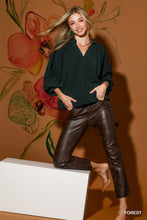 Umgee Balloon Sleeve Split Neck Blouse in Forest