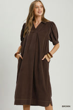 Umgee  Corduroy Collared Puff Sleeve Midi Dress in Brown