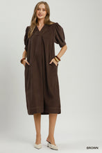 Umgee  Corduroy Collared Puff Sleeve Midi Dress in Brown