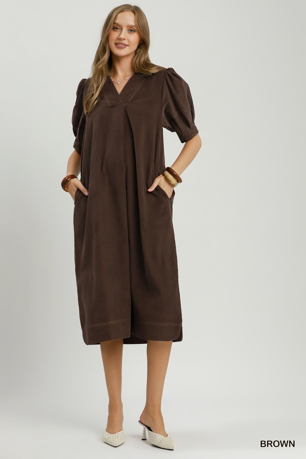 Umgee  Corduroy Collared Puff Sleeve Midi Dress in Brown