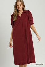 Umgee  Corduroy Collared Puff Sleeve Midi Dress in Burgandy