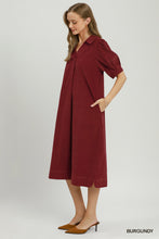 Umgee  Corduroy Collared Puff Sleeve Midi Dress in Burgandy