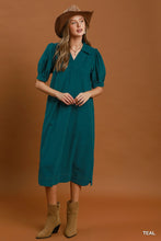 Umgee  Corduroy Collared Puff Sleeve Midi Dress in Teal