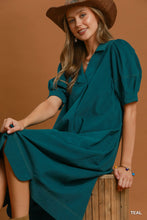 Umgee  Corduroy Collared Puff Sleeve Midi Dress in Teal