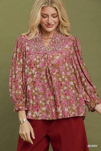 Umgee Floral Print Long Sleeve Top in Berry