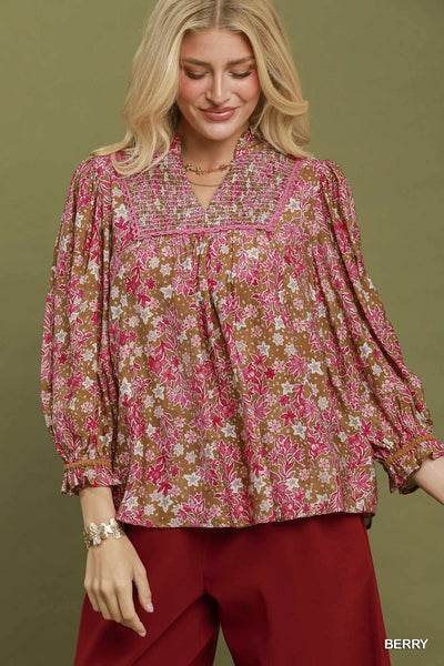 Umgee Floral Print Long Sleeve Top in Berry