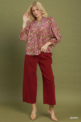 Umgee Floral Print Long Sleeve Top in Berry