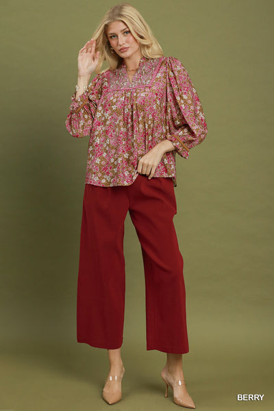 Umgee Floral Print Long Sleeve Top in Berry