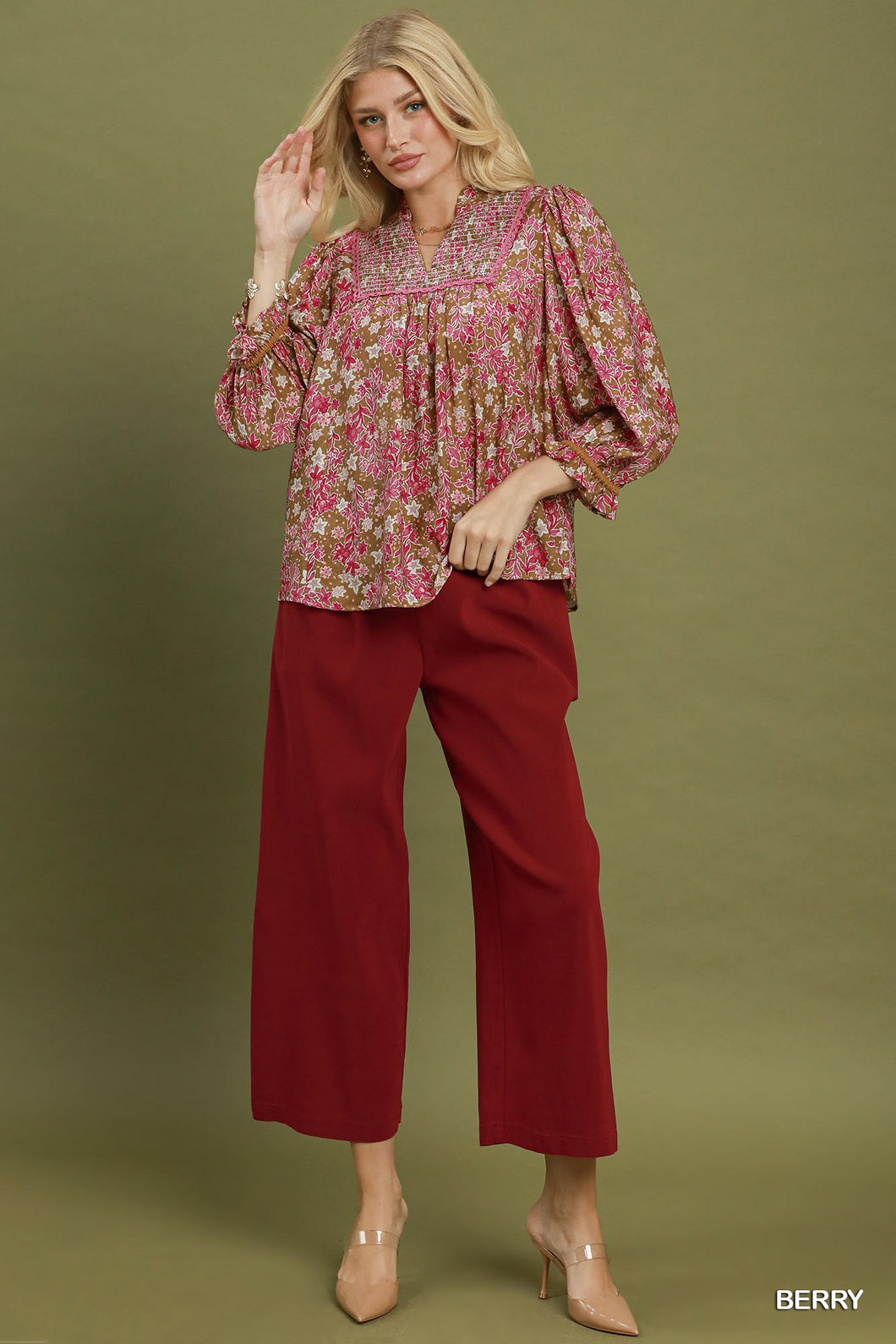Umgee Floral Print Long Sleeve Top in Berry