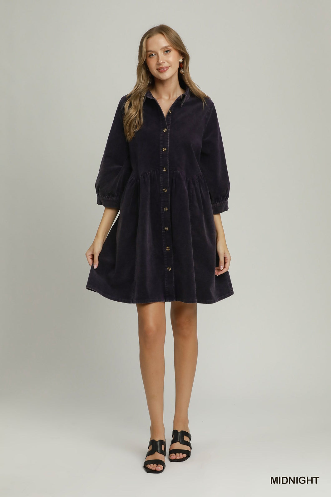 Umgee Mineral Wash Button Front Babydoll Shirt Dress