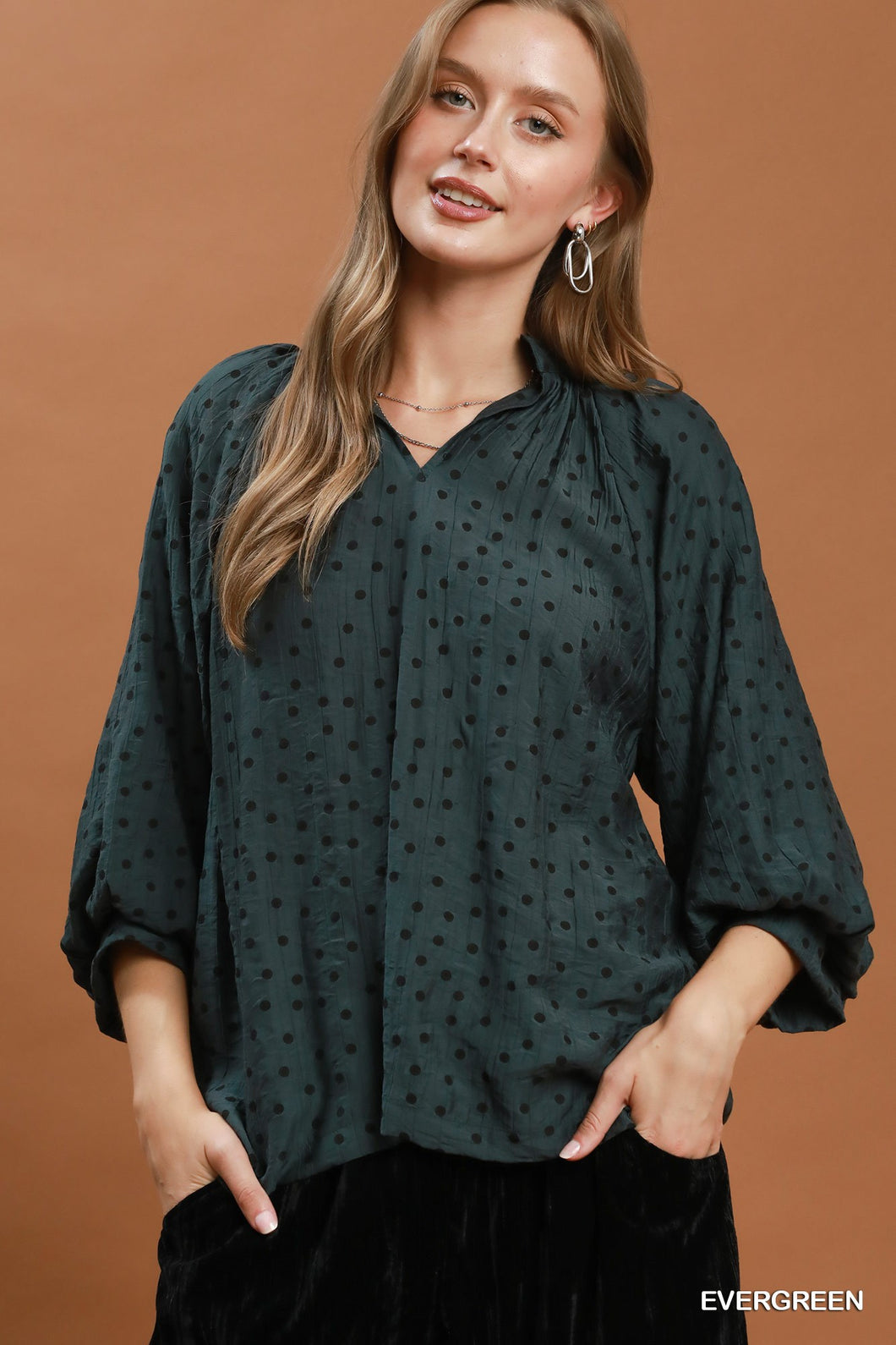 Umgee Polka Dot Textured Puff Sleeve Blouse in Evergreen