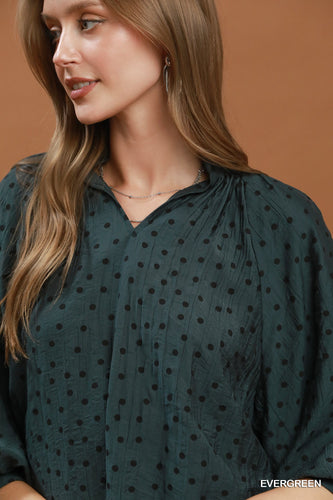 Umgee Polka Dot Textured Puff Sleeve Blouse in Evergreen