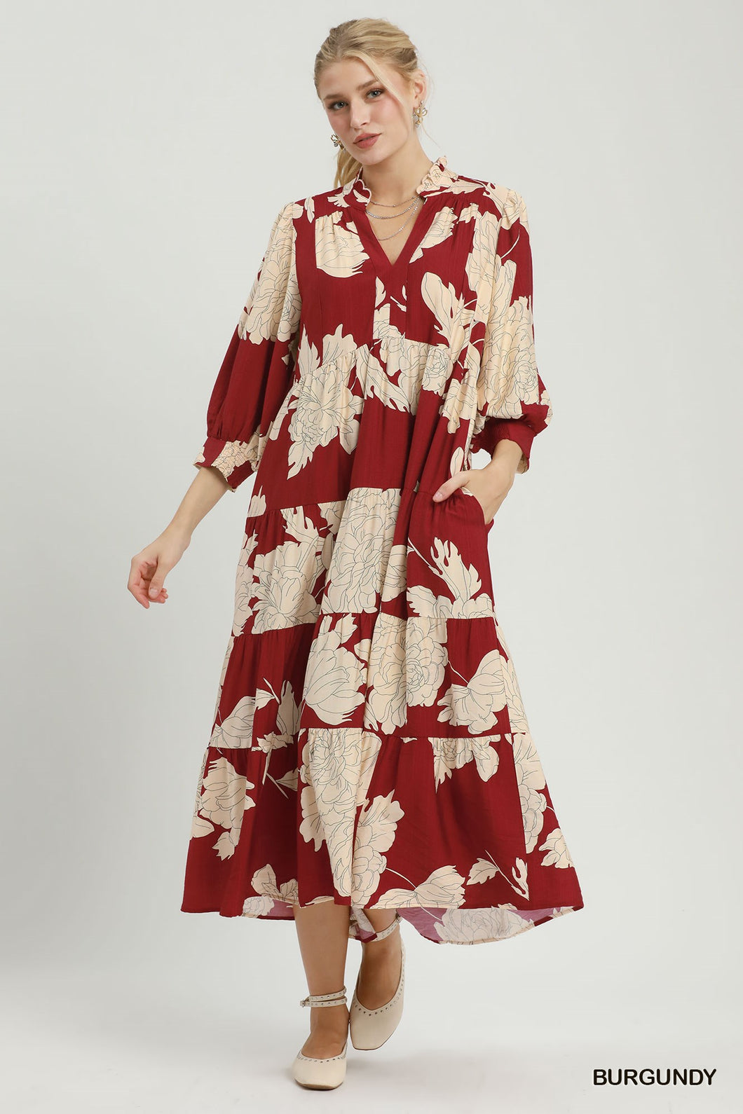 Umgee Floral Tiered Maxi Dress in Burgundy