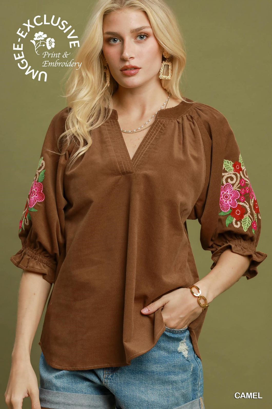 Umgee Embroidered Sleeve Corduroy Blouse