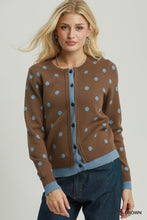 Umgee Polka Dot Contrast Trim Button Front Cardigan in Brown