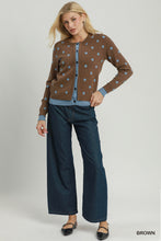 Umgee Polka Dot Contrast Trim Button Front Cardigan in Brown