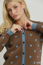 Umgee Polka Dot Contrast Trim Button Front Cardigan in Brown