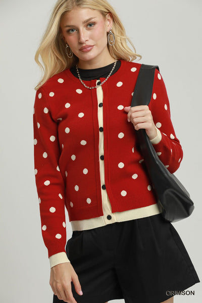 Umgee Polka Dot Contrast Trim Button Front Cardigan in Crimson