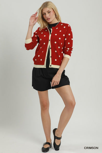 Umgee Polka Dot Contrast Trim Button Front Cardigan in Crimson