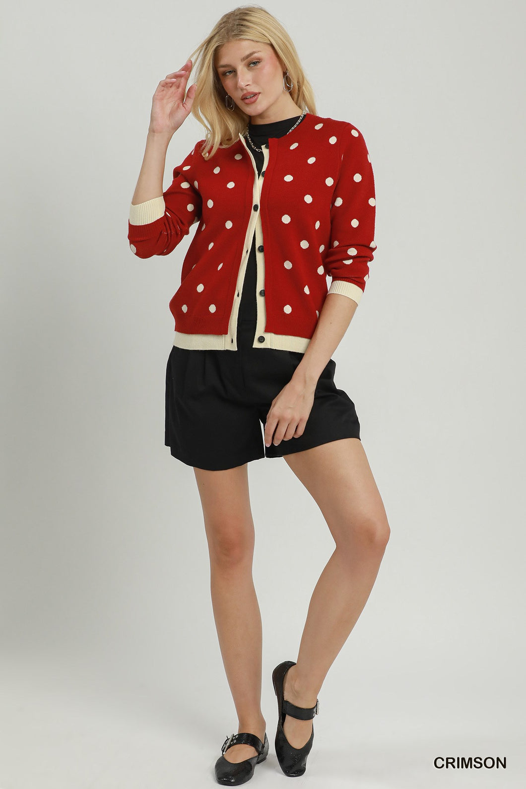Umgee Polka Dot Contrast Trim Button Front Cardigan in Crimson