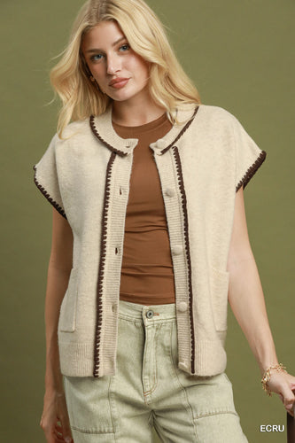 Umgee Contrast-Trim Button-Front Sweater Vest