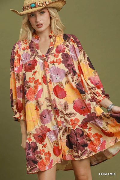 Umgee Floral Smocked Yoke Button Front Mini Dress