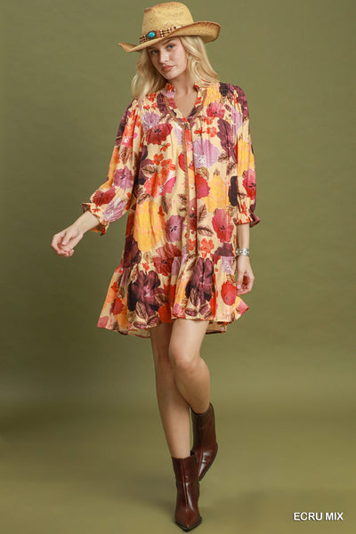Umgee Floral Smocked Yoke Button Front Mini Dress