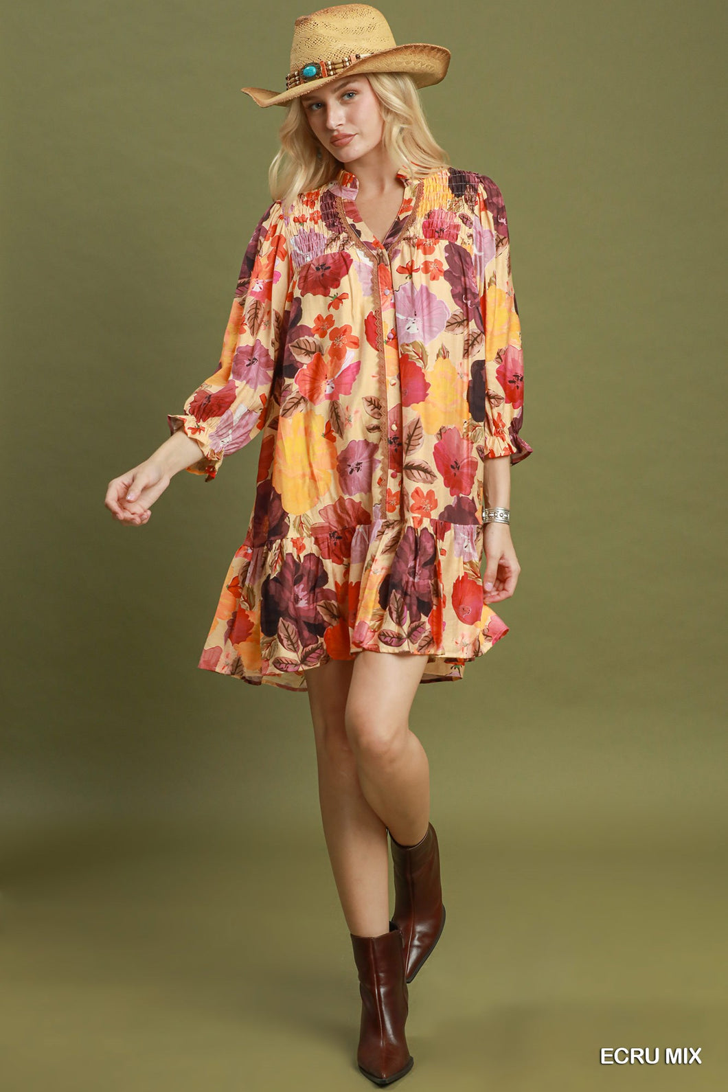 Umgee Floral Smocked Yoke Button Front Mini Dress – J. Spencer