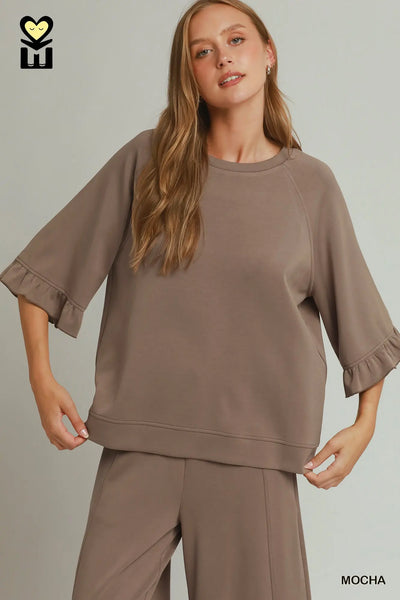 Umgee SPACEKNIT 3/4 Raglan Sleeve Top in Mocha