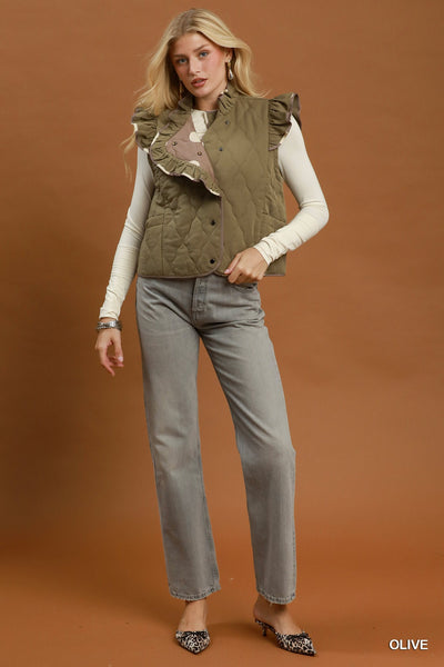 Umgee Reversible Polka Dot Quilted Ruffle Vest in Olive