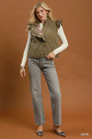 Umgee Reversible Polka Dot Quilted Ruffle Vest in Olive