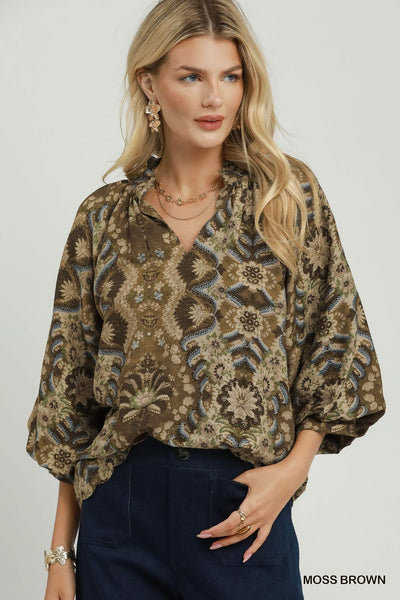 Umgee Abstract Print Balloon Sleeve Top in Moss Brown