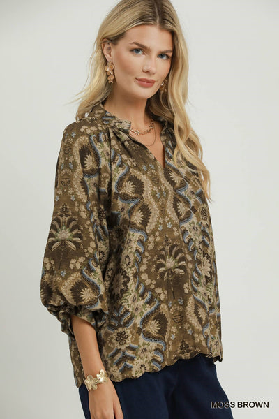 Umgee Abstract Print Balloon Sleeve Top in Moss Brown
