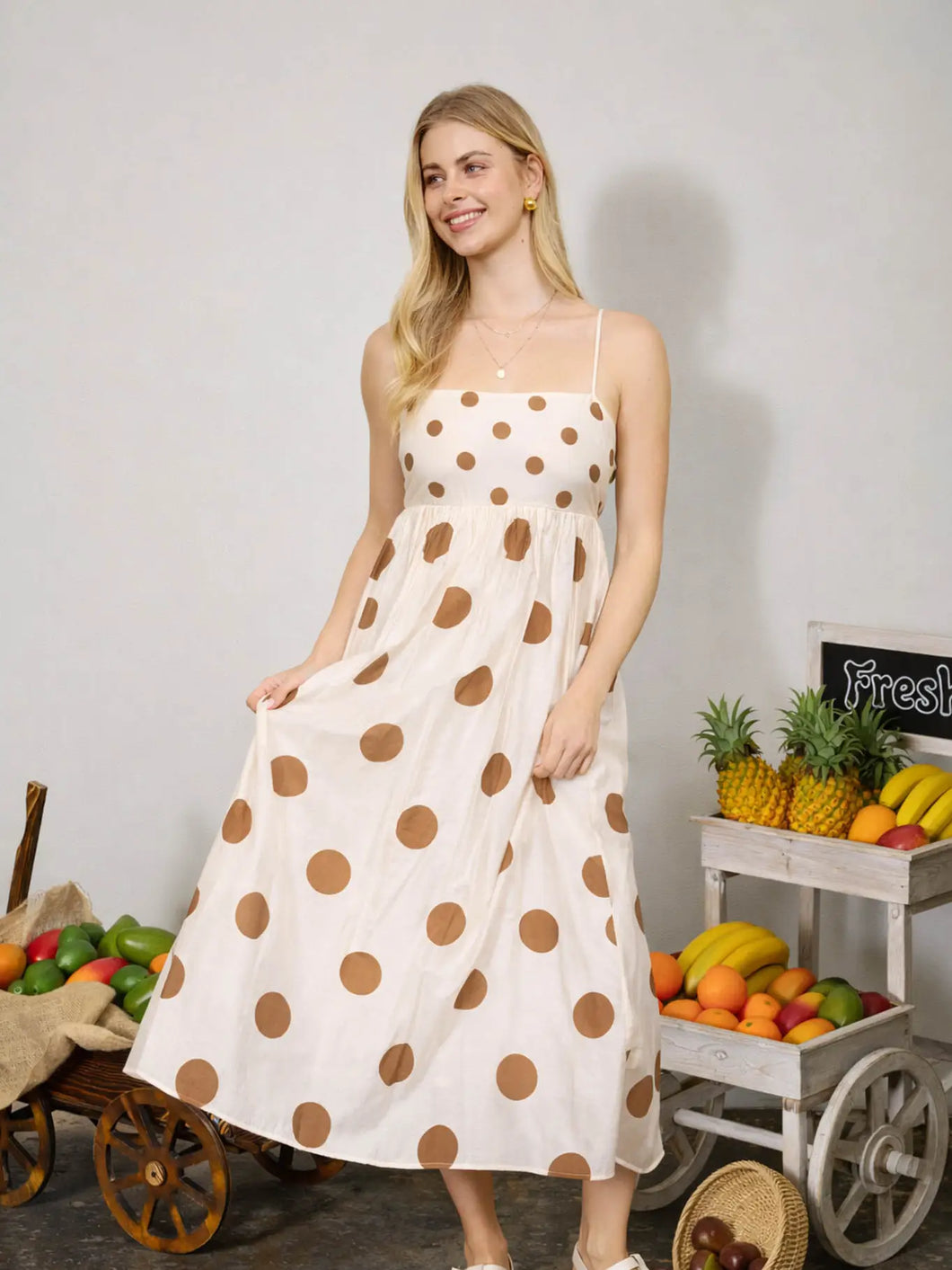 Polka Dot Empire Waist Spaghetti Strap Midi Dress