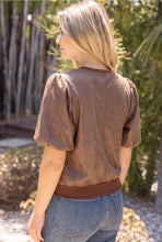 Voy Ribbed Knit Band Solid Faux Leather Top in Brown