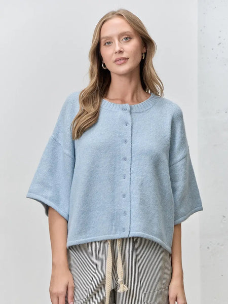 Button Up Short Sleeve Knit Cardigan in Light Blue