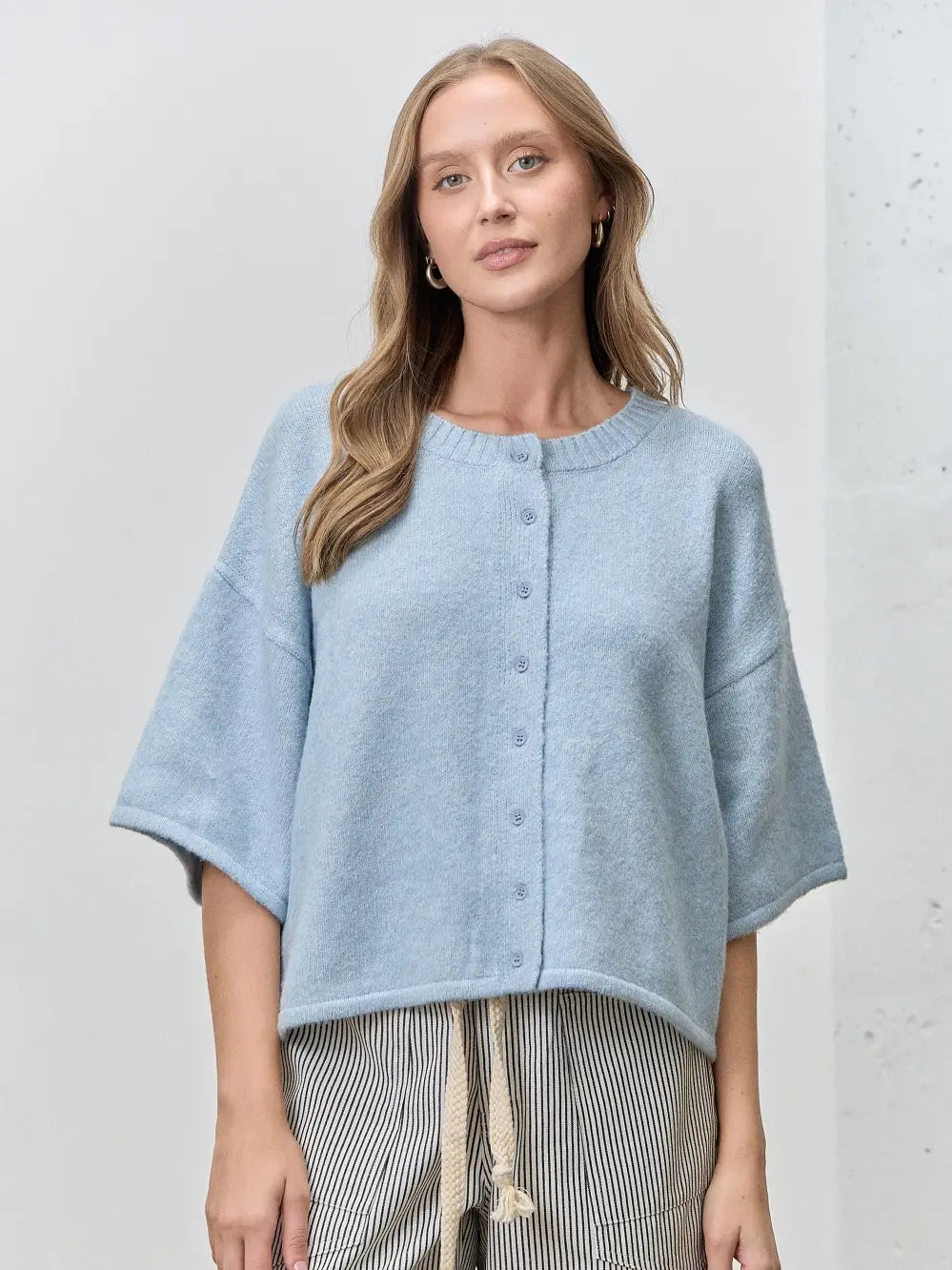 Button Up Short Sleeve Knit Cardigan in Light Blue